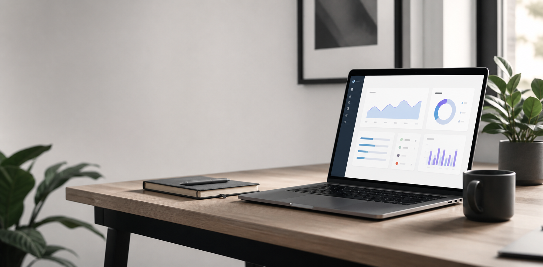 A modern software workspace with a laptop and product planning materials